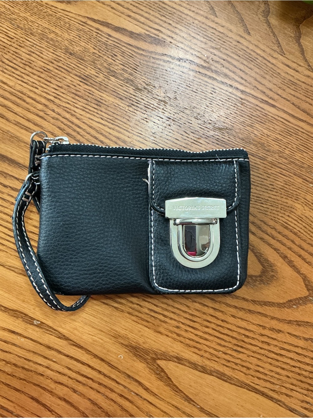 Victoria's Secret Black Leather Wristlet Pouch with Silver Hardware